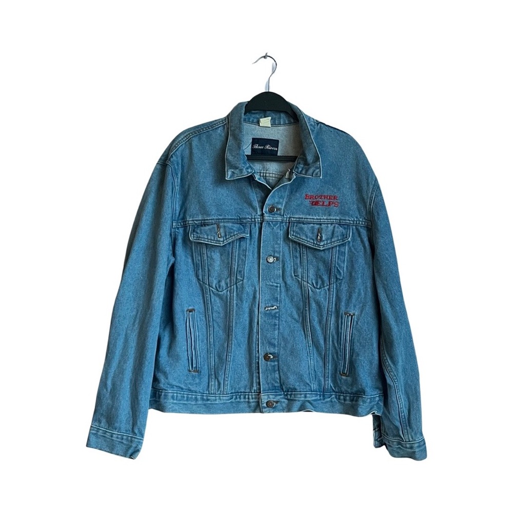 three rivers vintage embroidered “asylum” blue denim jean jacket size large